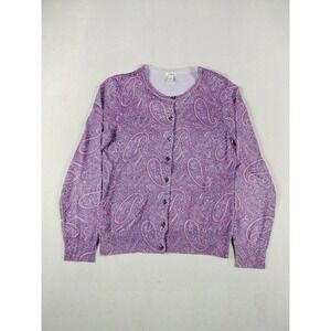 L.L. Bean Sweater Women's Small Purple Paisley Button Front Cotton Cardigan Knit